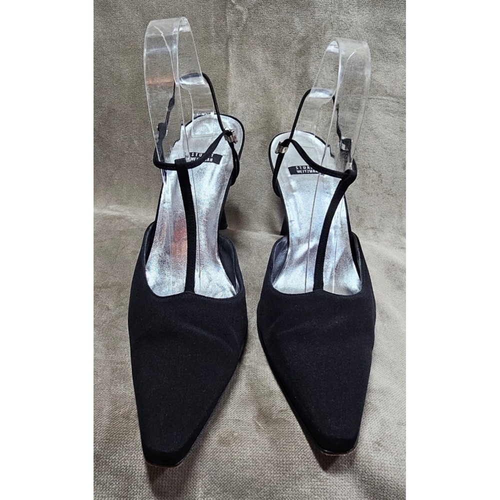 Stuart Weitzman Black Satin T-Strap Pointed Toe Pumps Rhinestone Buckle Heels